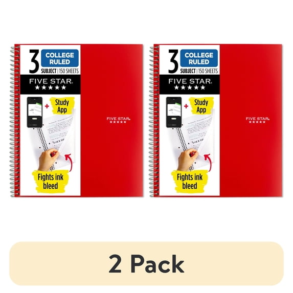 (2 pack) Five Star Spiral Notebook + Study App, 3 Subject, College Ruled, 8.5" x 11", Fire Red