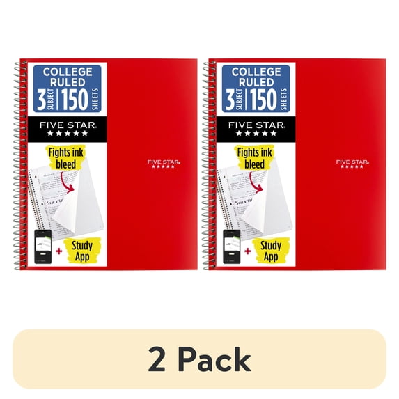 (2 pack) Five Star Spiral Notebook + Study App, 3 Subject, College Ruled, 8.5" x 11", Fire Red