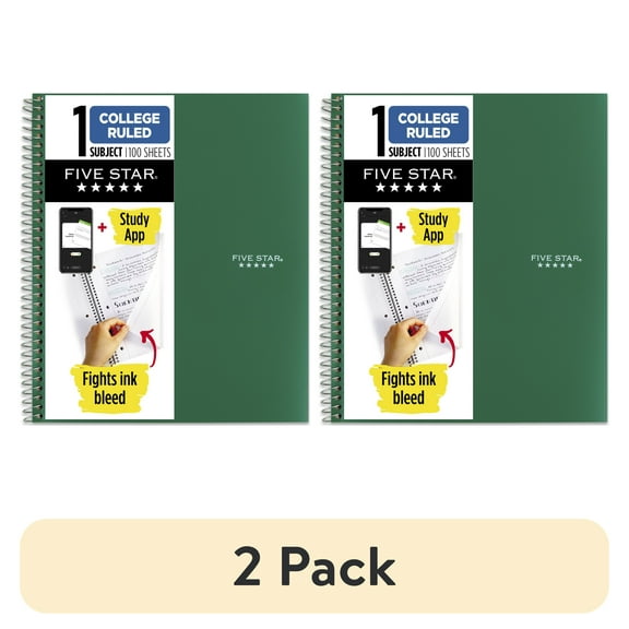 (2 pack) Five Star Spiral Notebook + Study App, 1 Subject, College Ruled, 8.5" x 11"