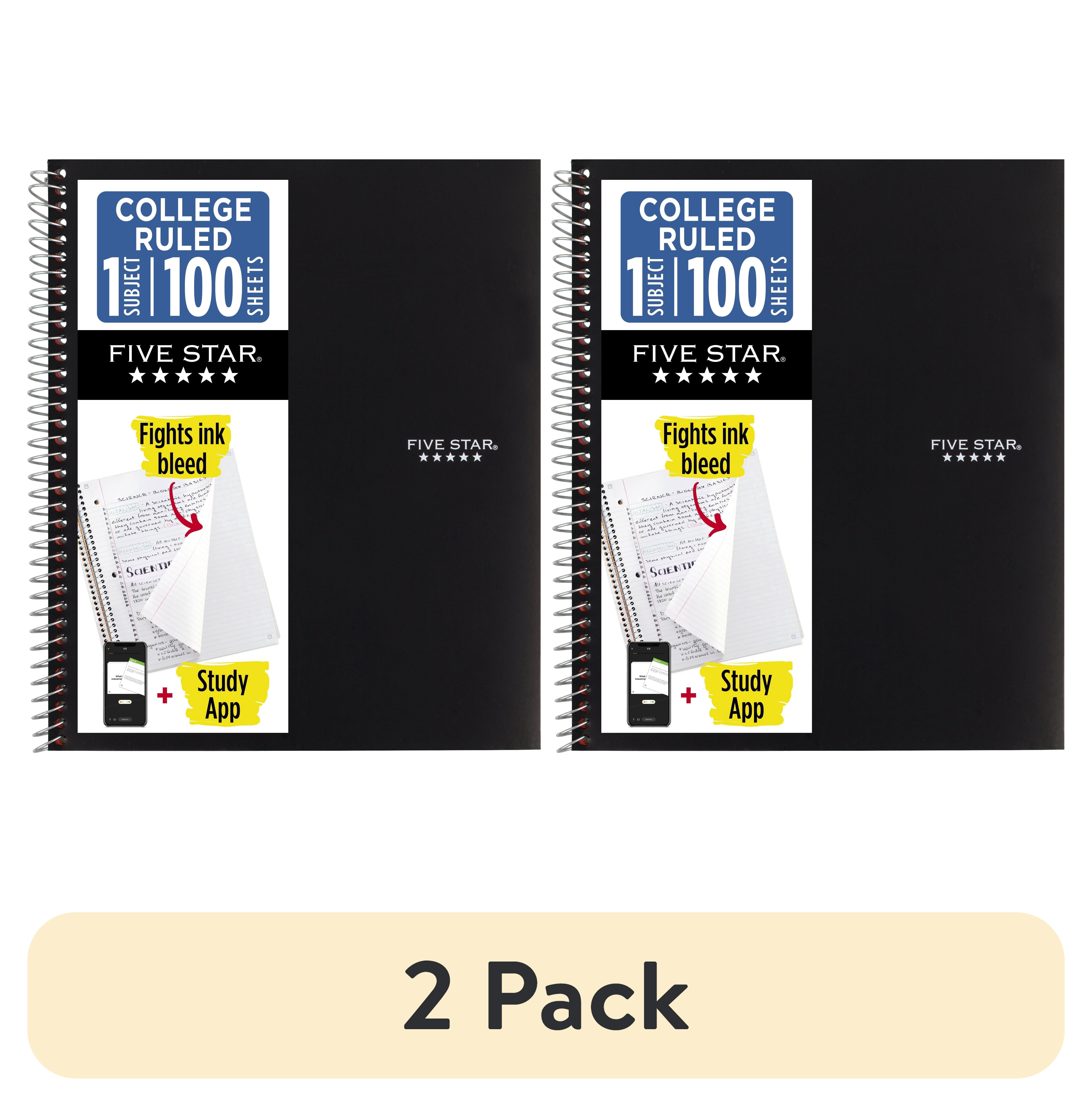 (2 pack) Five Star 1 Subject College Ruled Notebook Plus Study App, 8.5" x 11", Black, Poly, Spiral, 100 Sheets
