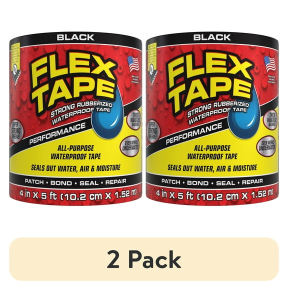 (2 pack) Flex Tape Automotive Strong Rubberized Waterproof Tape, 4 inches x 5 feet, Black