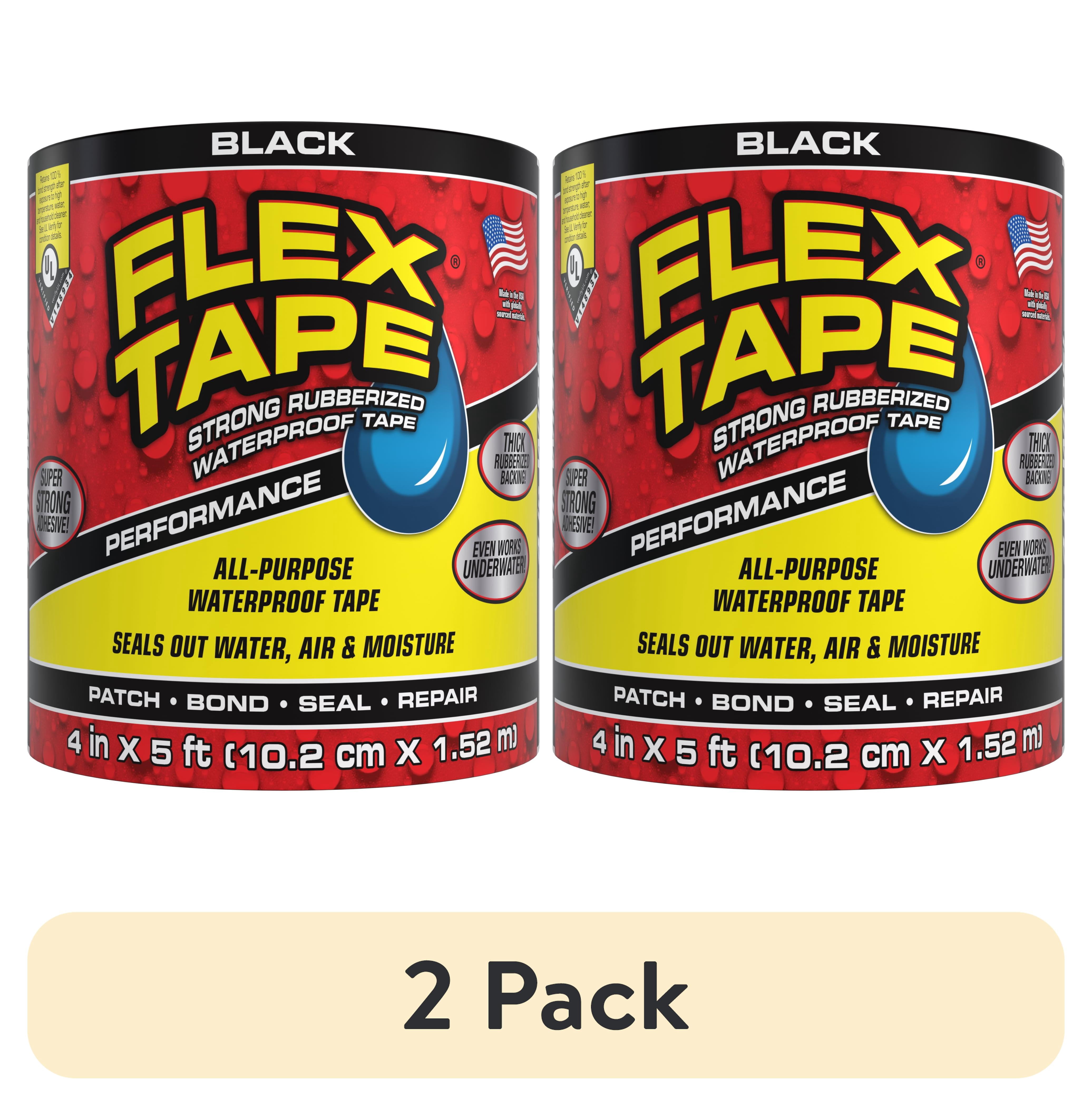 (2 pack) Flex Tape Automotive Strong Rubberized Waterproof Tape, 4 Inches x 5 Feet, Black