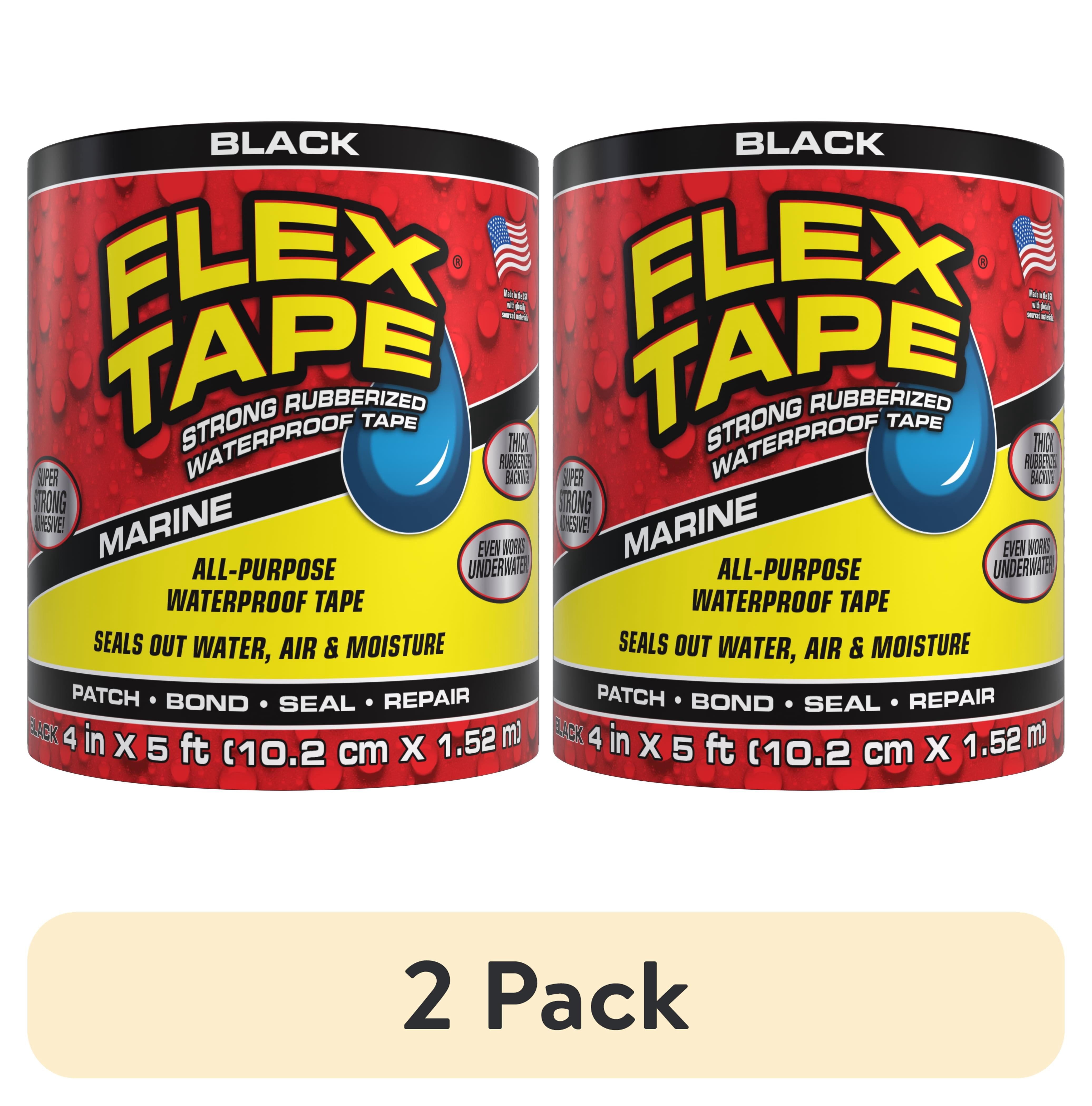 (2 pack) Flex Tape Waterproof Rubberized Marine Tape Black 4in x 5ft