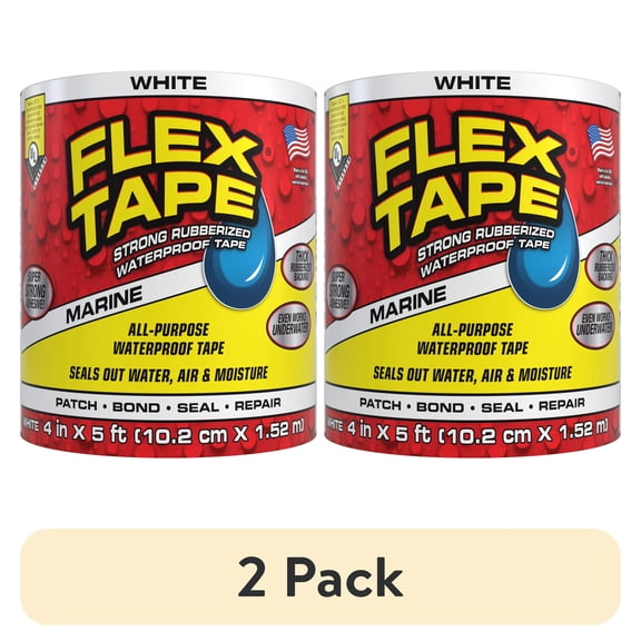 (2 pack) Flex Tape Strong Rubberized Waterproof Marine Tape, 4 in x 5 ft, White