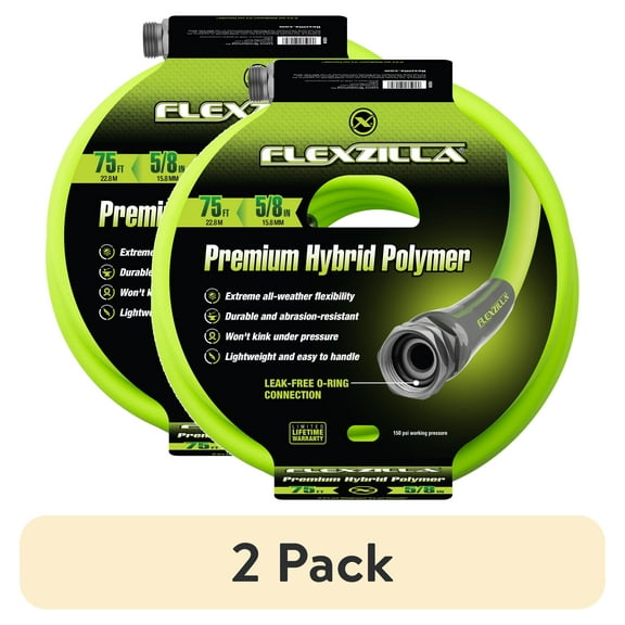 (2 pack) Flexzilla Premium Grade Garden Hose, 5/8 in. x 75ft., Hybrid Polymer, ZillaGreen