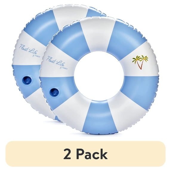 (2 pack) Float Life by FUNBOY Blue Cabana Stripe Luxury Tube Pool Float, Cup-Holder, 43" Oversized Design, Adults or Children Ages 8+