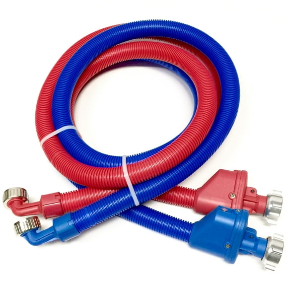 2-pack Flood Safe Washing Machine Hoses - Heavy Duty PVC Hose Sealed With Rigid Corrugated Outer Wall in Red-Blue and Built-in Auto Shut-off Valve Univeral 90 degree elbow Connection