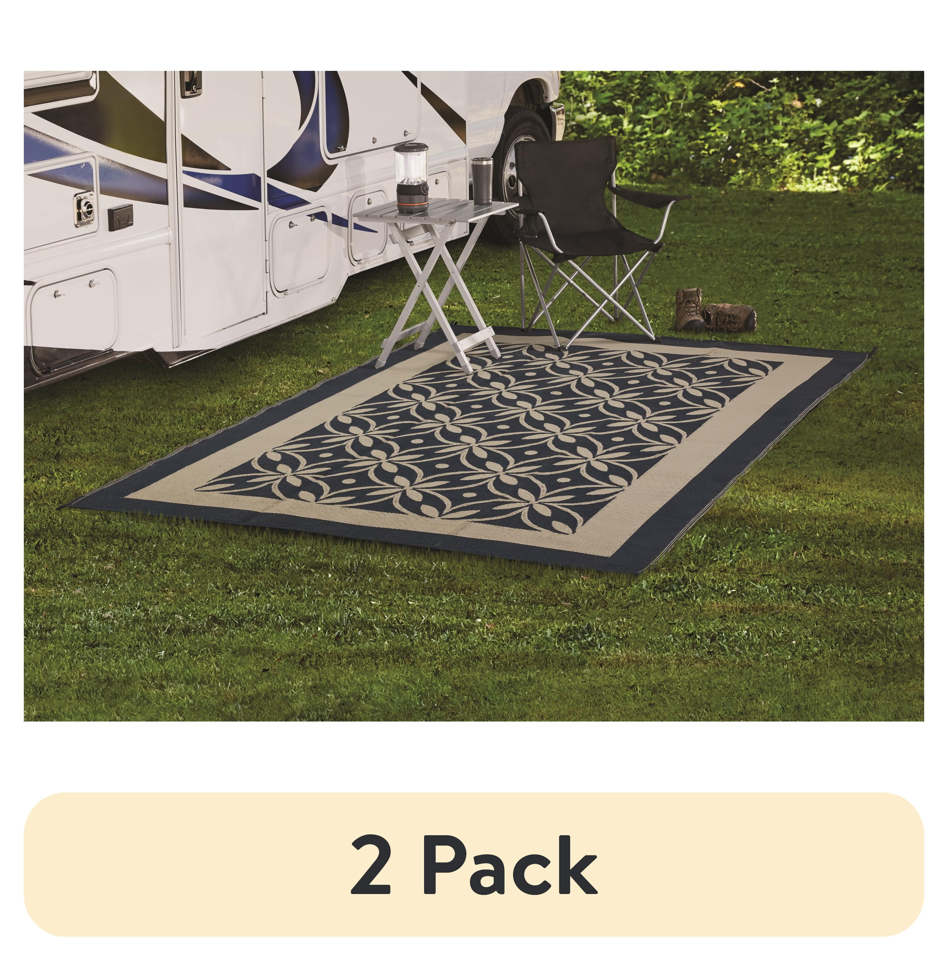 (2 pack) Floral Harmony Reversible RV & Patio Mat 9' x 12' – Blue & Tan ...