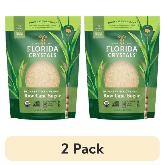 (2 pack) Florida Crystals Organic Raw Cane Sugar, Non-GMO, Regenerative Organic Certified, Vegan, Kosher, 2 lb Stand-Up Bag