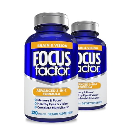 (2 pack) Focus Factor Brain and Vision Supplement (120 Count) - Eye Vitamin, Mineral Supplement with Lutein & Zeaxanthin – Memory, Concentration and Focus
