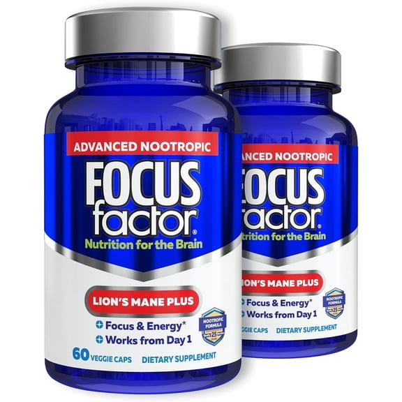 (2 pack) Focus Factor Lions Mane Plus, Advanced Nootropic with L-Theanine, Caffeine, Focus and Energy (60 Count)