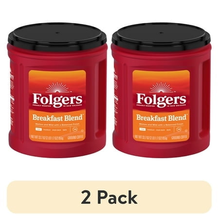 (2 pack) Folgers Breakfast Blend Ground Coffee, Smooth & Mild Coffee, 33.7 oz Canister