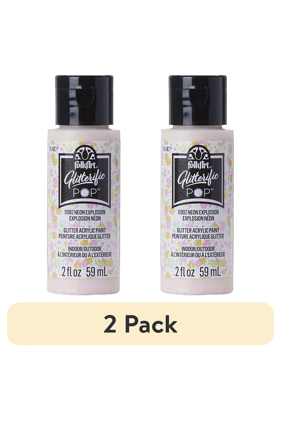 (2 pack) FolkArt Glitterific Pop Acrylic Craft Paint, Neon Explosion, 2 fl oz
