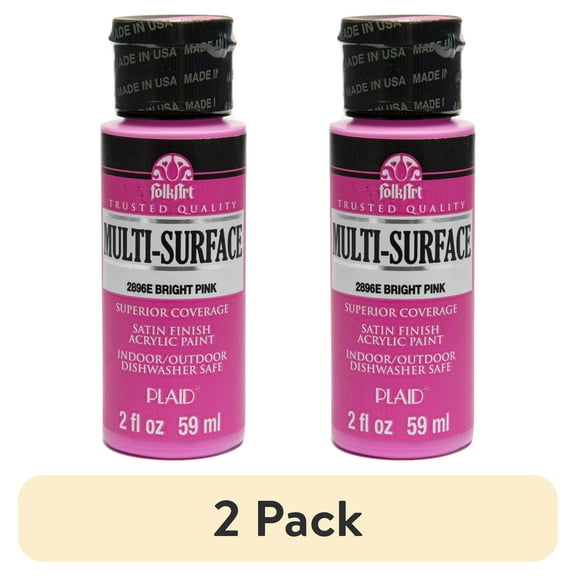(2 pack) FolkArt Multi-Surface Acrylic Craft Paint, Satin Finish, Bright Pink, 2 fl oz