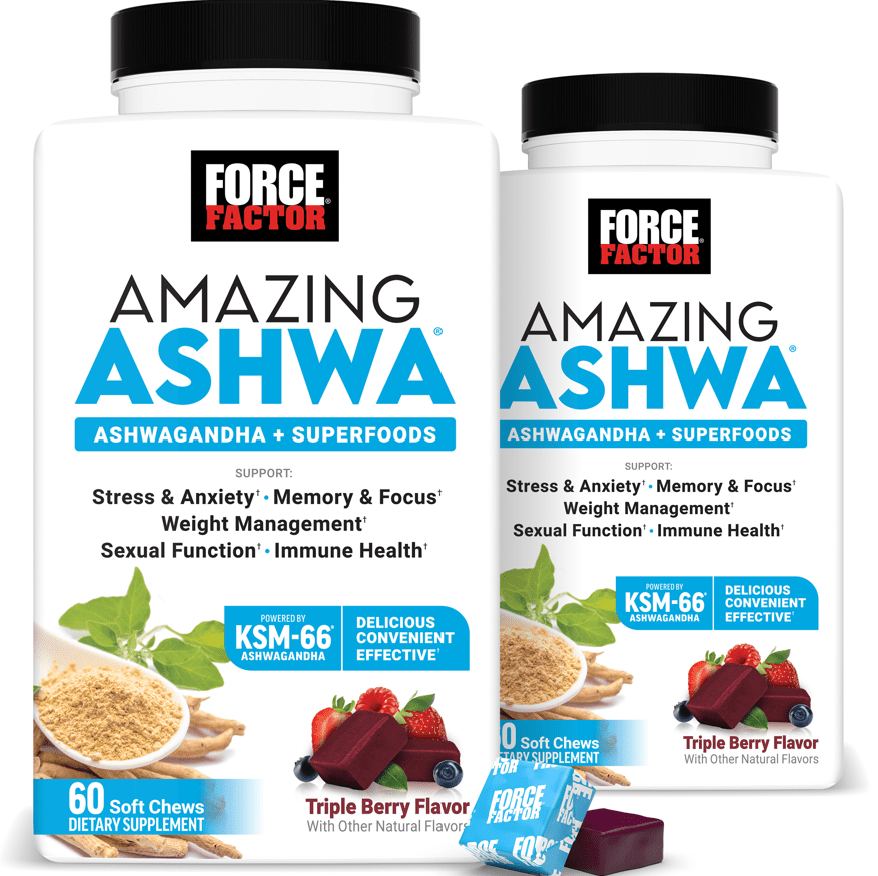 (2 pack) Force Factor Amazing Ashwa with KSM-66 Ashwagandha & L-Theanine for Stress Relief, Relaxation & Cortisol Balance, Triple Berry, 60 Soft Chews