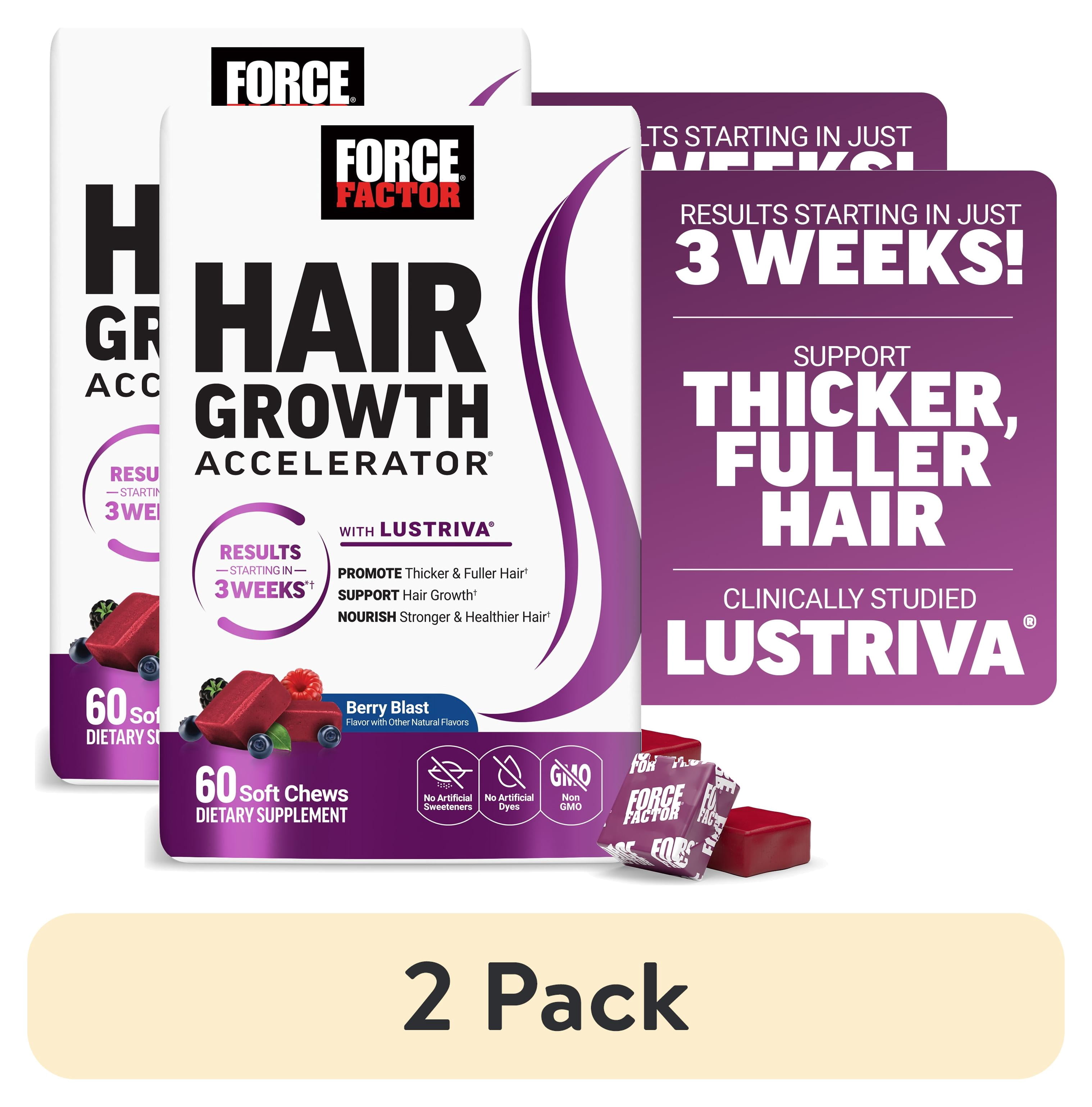 (2 pack) Force Factor Hair Growth Accelerator, Hair Growth Vitamins for Women & Men with Clinically Studied Lustriva & Biotin, Berry Blast, 60 Soft 