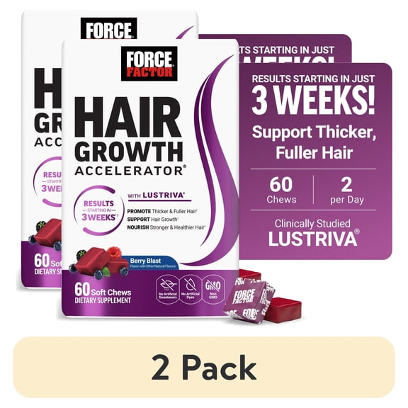 (2 pack) Force Factor Hair Growth Accelerator, Hair Growth Vitamins for Women & Men with Clinically Studied Lustriva & Biotin, Berry Blast, 60 Soft Chews
