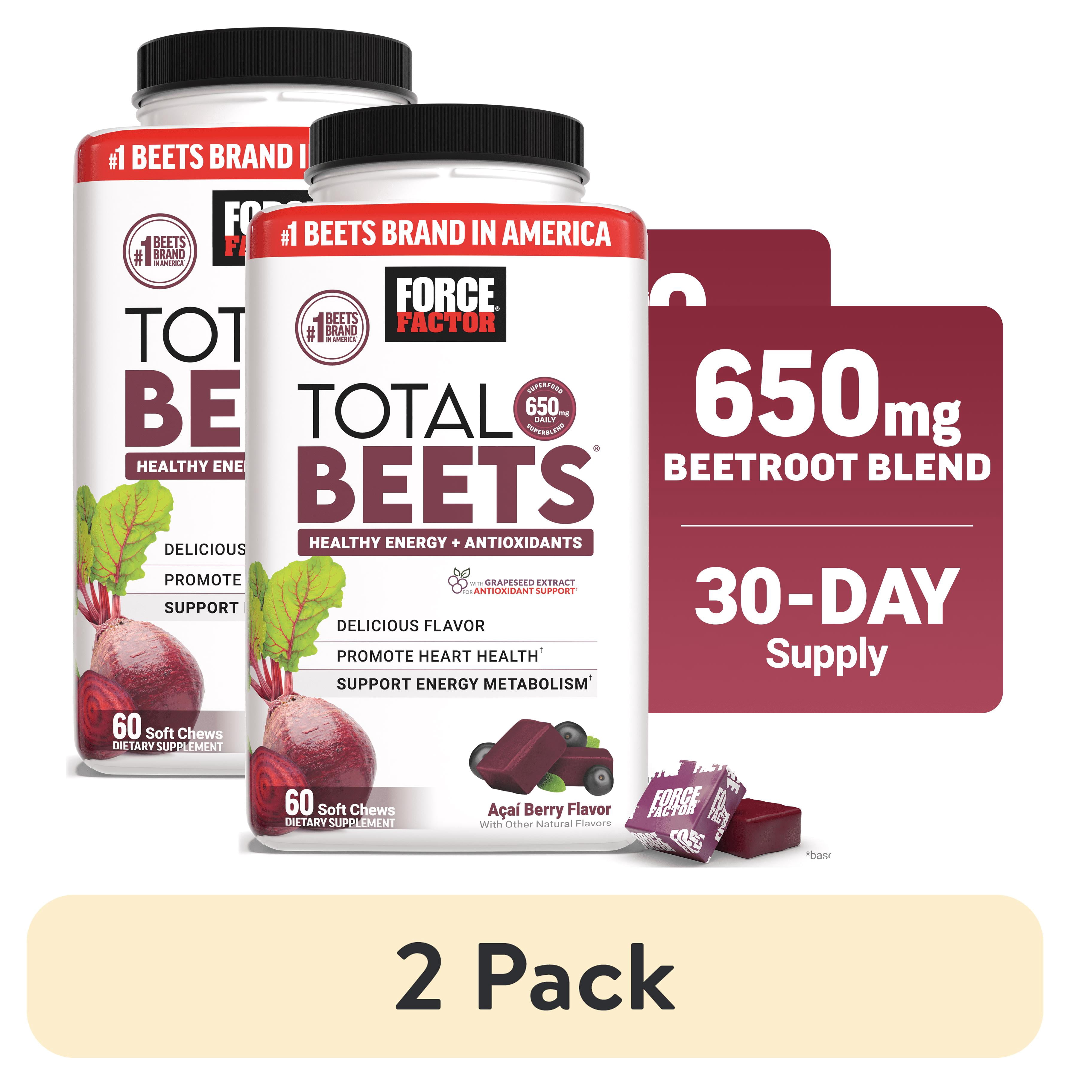 (2 pack) Force Factor Total Beets, Beet Root Supplement with Beetroot Powder for Heart Health, Nitric Oxide & Energy, Acai Berry, 60 Soft Chews