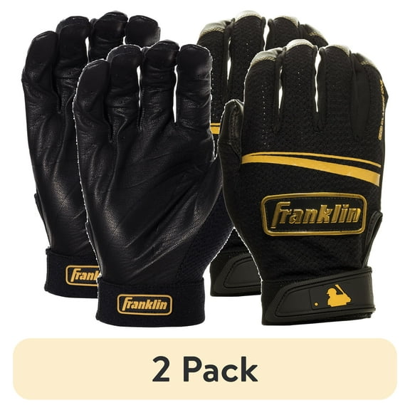 (2 pack) Franklin Sports MLB Classic One LT Baseball Batting Gloves - Black/Gold - X Large - 1 Pair - Leather