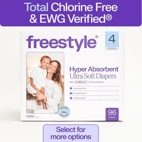 (2 pack) Freestyle Total Chlorine Free 14x Better Absorption Hypoallergenic EWG Verified® Baby Diapers, Size 4 (22-34 lbs), 48 Count