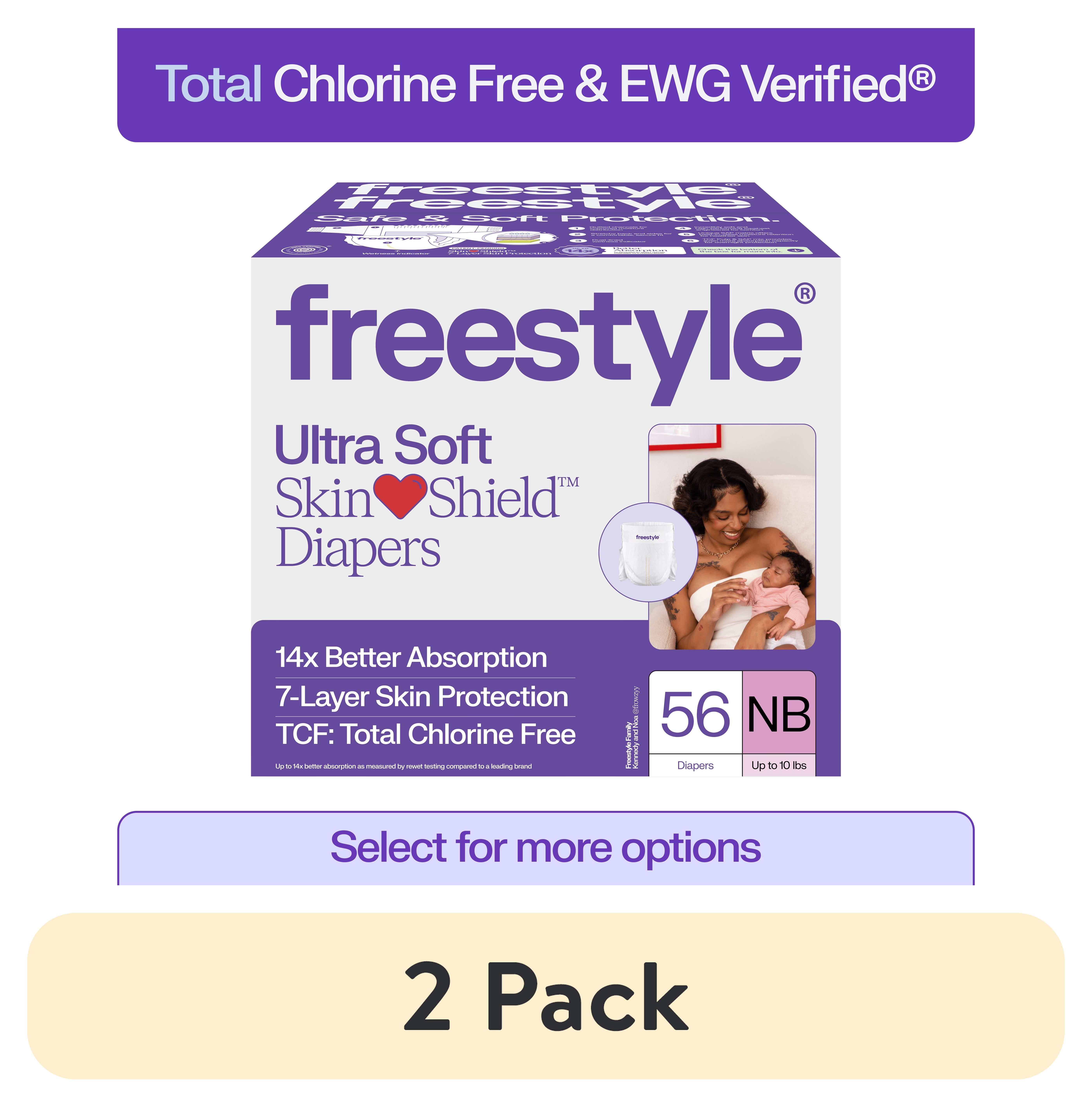 (2 pack) Freestyle Total Chlorine Free 14x Better Absorption Hypoallergenic EWG Verified® Baby Diapers, Newborn (Up to 10 lbs), 56 Count