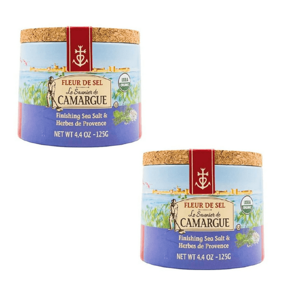 (2 pack) Le Saunier de Camargue Fleur de Sel, Finishing Sea Salt & Herbs de Provence, 4.4 oz (125 g)