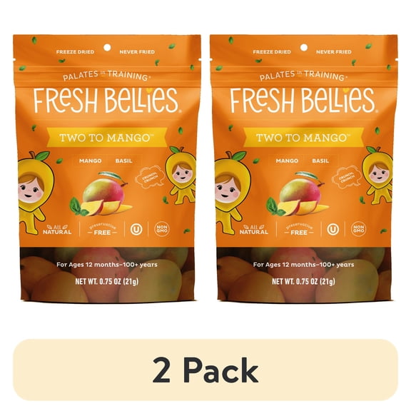 (2 pack) Fresh Bellies Two to Mango & Basil Freeze-Dried Toddler Snack, Resealable Pouch, 0.75 oz, 3 Ingredients, Vegan, Gluten-Free