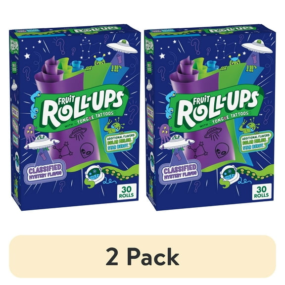 (2 pack) Fruit Roll-Ups Fruit Flavored Snacks, Mystery Flavor, Solar Melon, and Star Berry, 30 ct