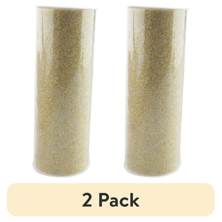 (2 pack) Fuzhou 6inch 12Yd Glitter Tull Spool Ribbon Gold,100% Polyester By The Bolt