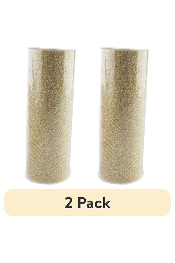(2 pack) Fuzhou 6inch 12Yd Glitter Tull Spool Ribbon Gold,100% Polyester By The Bolt