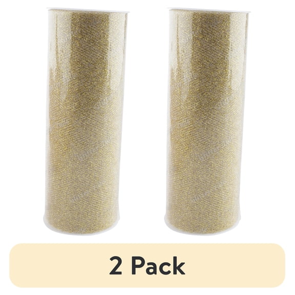 (2 pack) Fuzhou 6inch 12Yd Glitter Tull Spool Ribbon Gold,100% Polyester By The Bolt