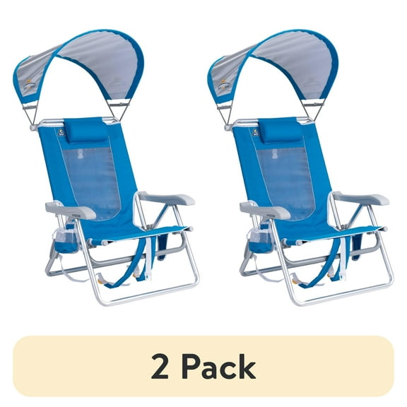 (2 pack) GCI Outdoor SunShade Backpack Beach Chair Reclining Low Profile Seat with Canopy, Saybrook Blue