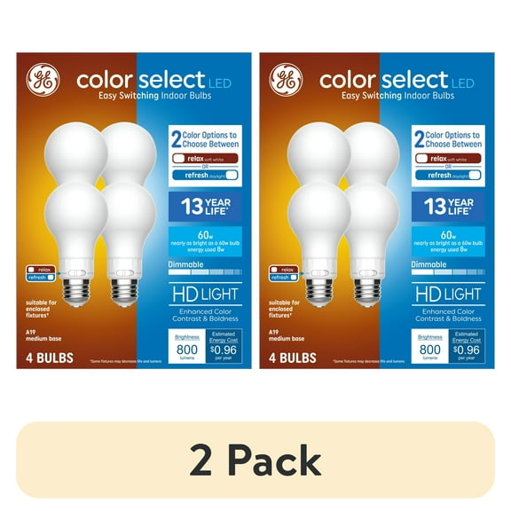 (2 pack) GE Color Select LED Light Buls, 60 Watt, A19 Bulbs, Medium Base, 4pk