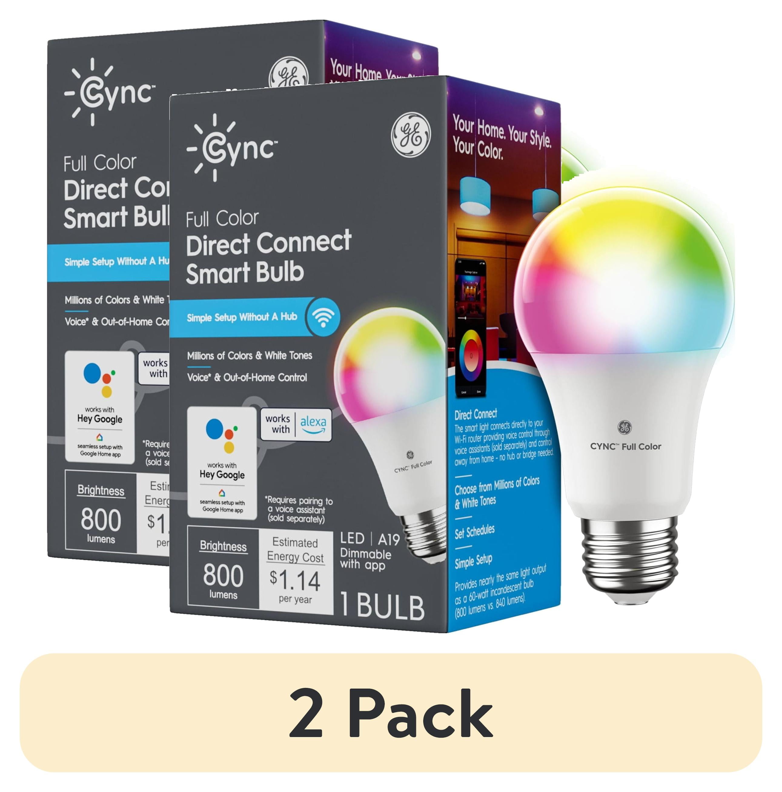 (2 pack) GE Cync A19 Smart LED Light Bulb, Color Changing Indoor Decor Lights, 60 Watts, Medium Base, 1pk