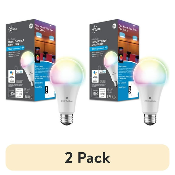 (2 pack) GE Cync A21 Smart LED Light Bulb, Color Changing Indoor Decor Lights, 100 Watts, Medium Base, 1pk