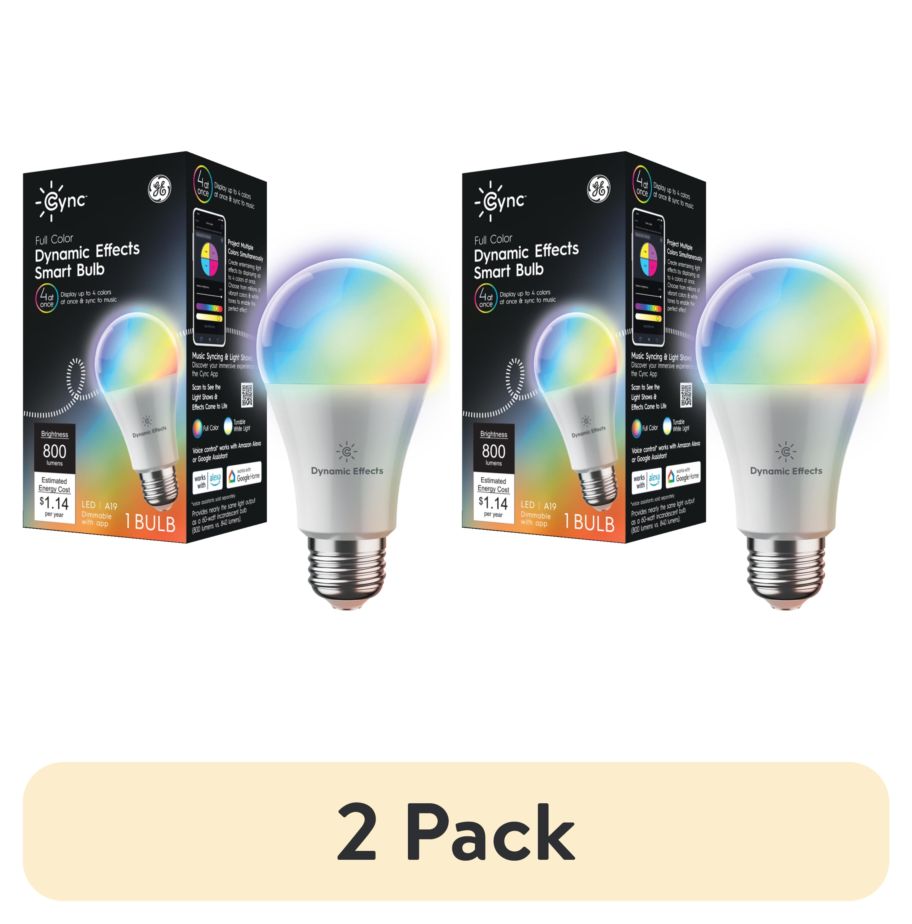 (2 pack) GE Cync Dynamic Effects A19 Smart LED Light Bulb with Music Sync, Color Changing, 60 Watts, E26 Base