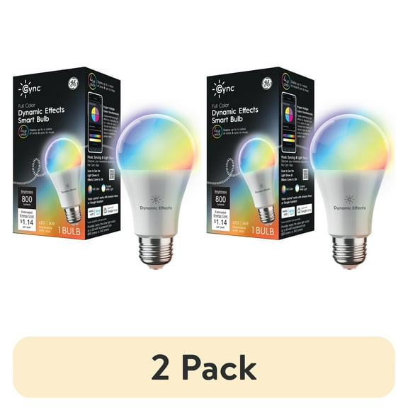 (2 pack) GE Cync Dynamic Effects A19 Smart LED Light Bulb with Music Sync, Color Changing, 60 Watts, E26 Base