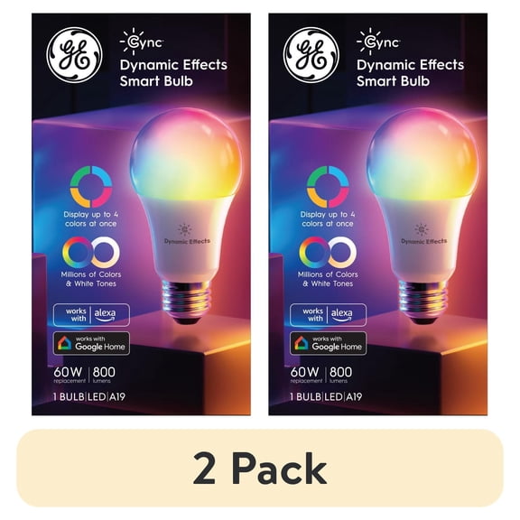 (2 pack) GE Cync Dynamic Effects Smart LED Light Bulb, 60 Watt, Color Changing, A19 Bulb, Medium Base
