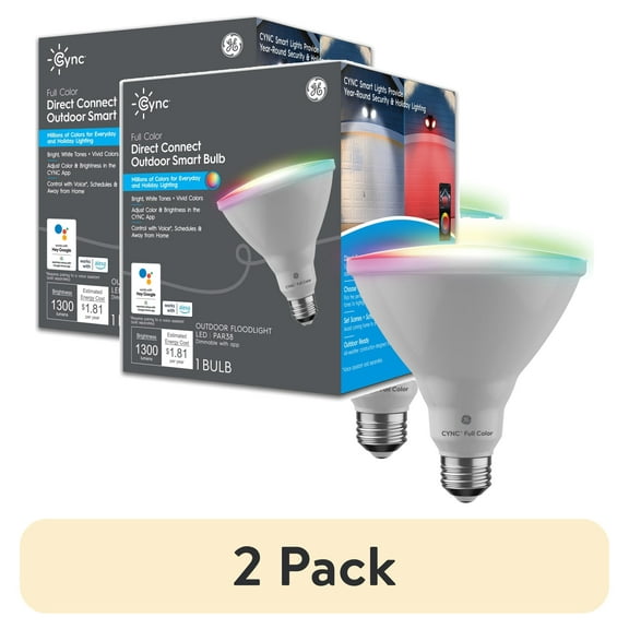 (2 pack) GE Cync PAR38 Smart LED Light Bulb, Color Changing Outdoor Décor Lights, 90 Watts, Medium Base, 1pk