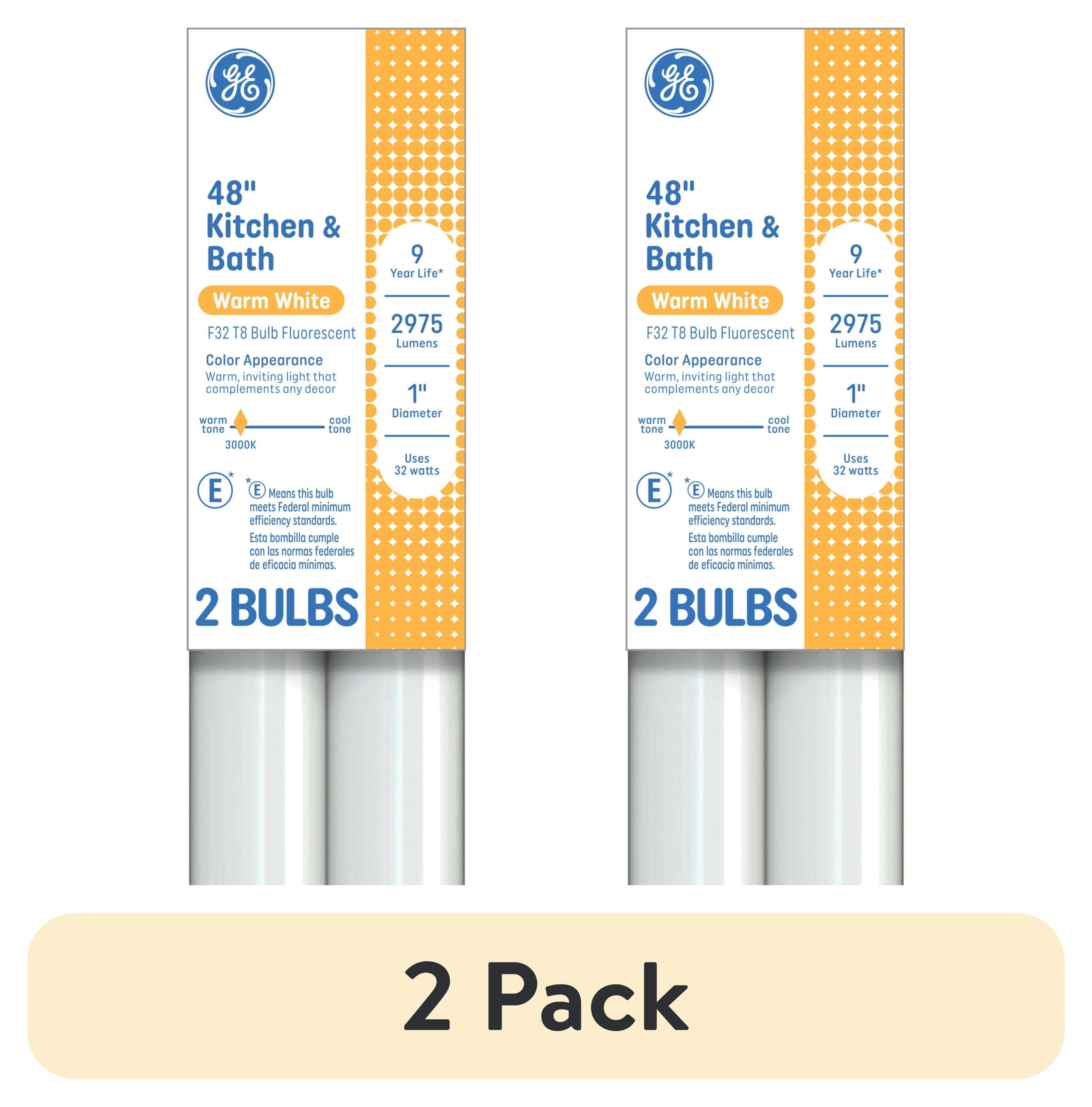 (2 pack) GE Fluorescent Tube Light Bulbs, 32 Watt, Warm White, 48in, T8 Bulb, G13 Base, 2pk