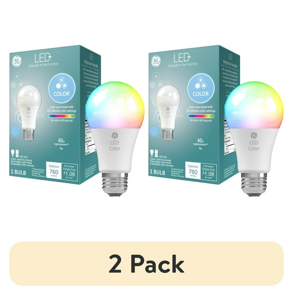 (2 pack) GE LED+ Color Changing LED Light Bulb, 9.5 Watt, A19 Bulb, Medium Base