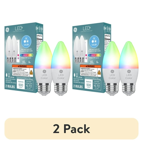 (2 pack) GE LED+ Color Changing LED Light Bulbs, 60 Watt, Decorative Bulbs, Medium Base, 2pk