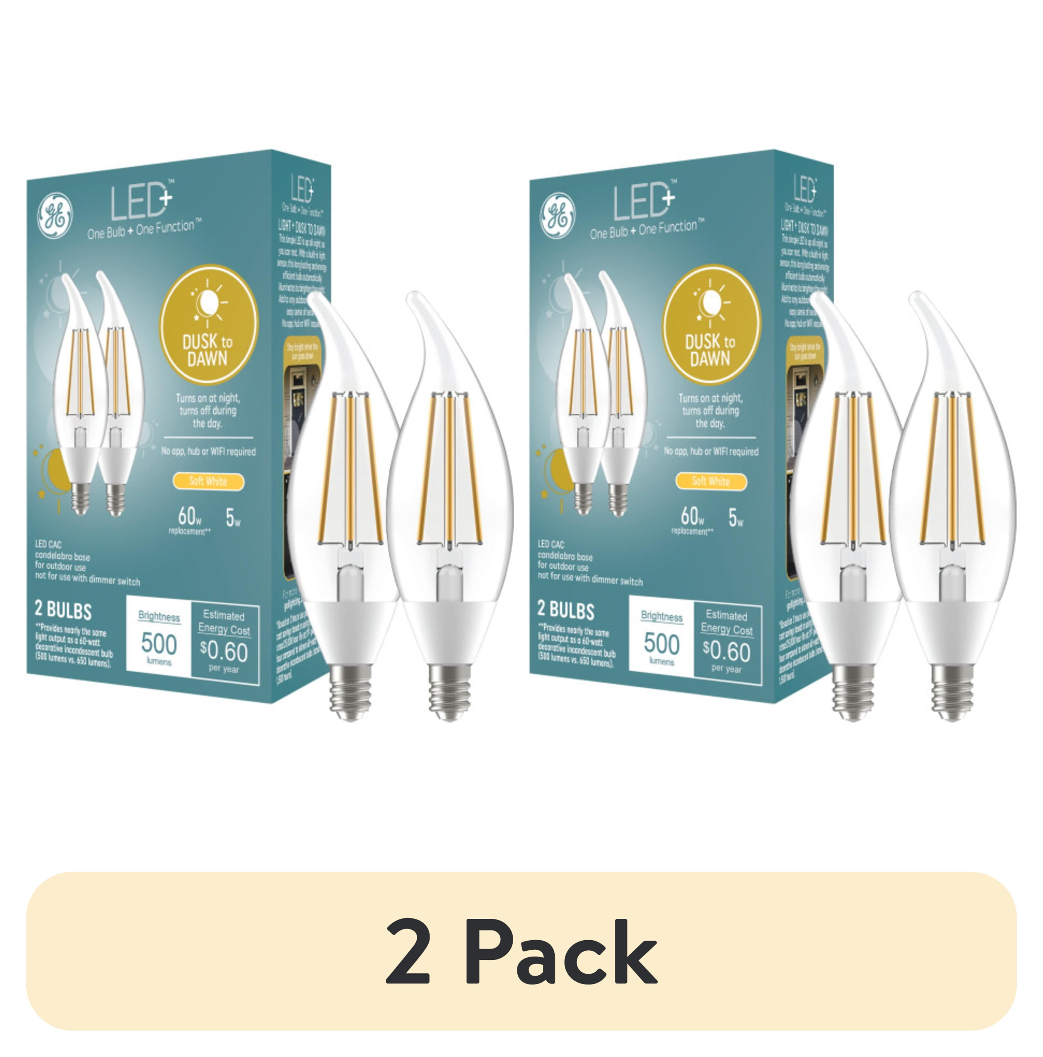 (2 pack) GE LED+ Dusk to Dawn LED Light Bulbs, 60 Watt, Soft White, Candle Bulbs, Small Base, 2pk