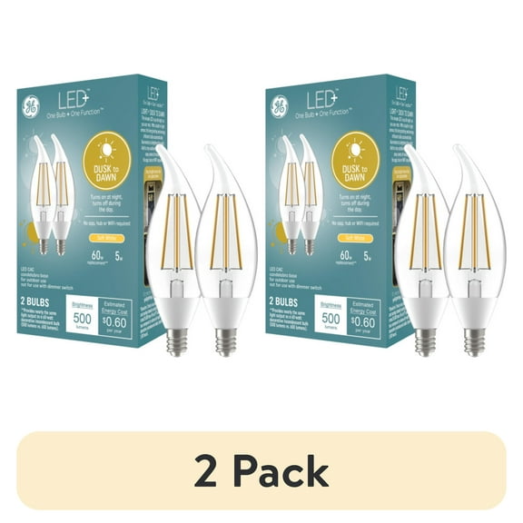 (2 pack) GE LED+ Dusk to Dawn LED Light Bulbs, 60 Watt, Soft White, Candle Bulbs, Small Base, 2pk