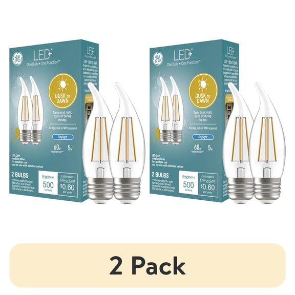 (2 pack) GE LED+ Dusk to Dawn LED Light Bulbs, 60 Watts, Daylight, Candle Bulbs, Medium Base, 2pk