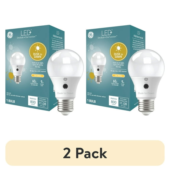 (2 pack) GE LED+ Dusk to Dawn LED Light Bulbs, 9 Watt, Soft White, A19 Bulbs, Medium Base