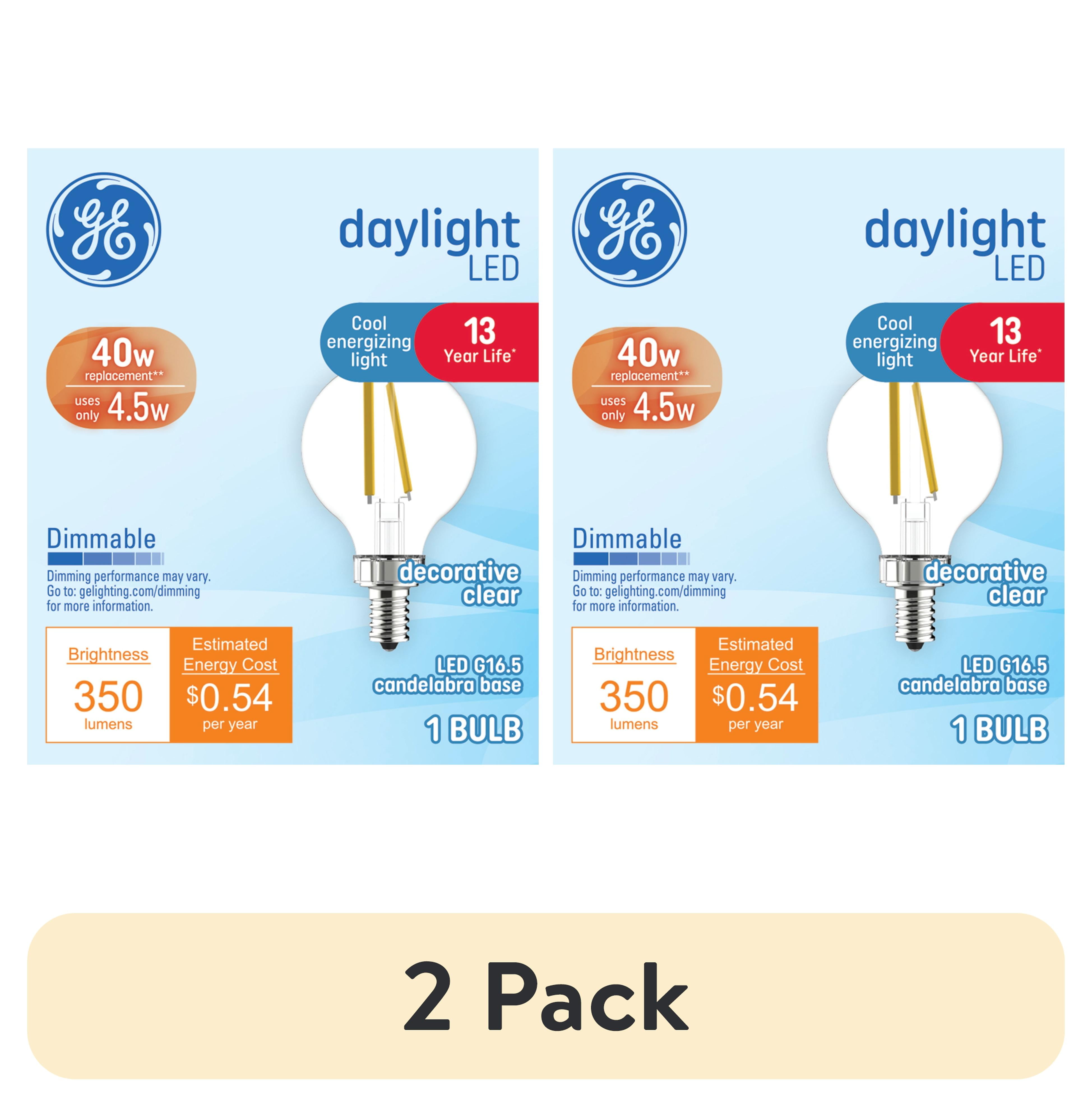 (2 pack) GE LED Light Bulb, 40 Watt, Daylight, G16.5 Globe Bulb, Small Base, 13yr