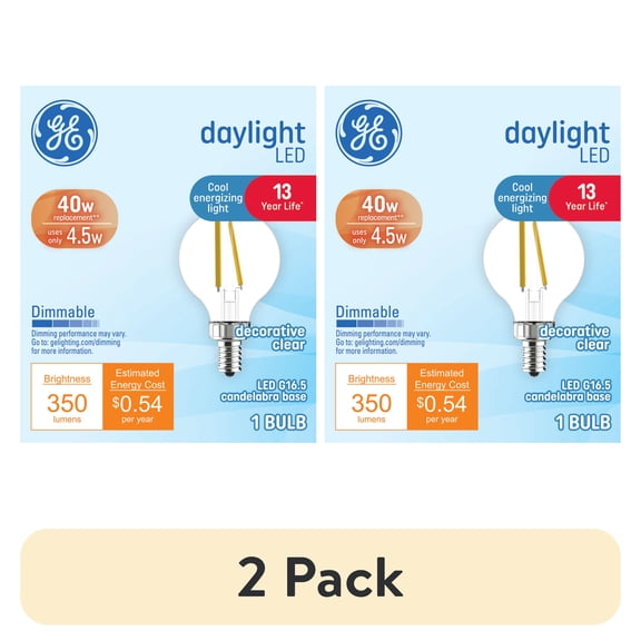 (2 pack) GE LED Light Bulb, 40 Watt, Daylight, G16.5 Globe Bulb, Small Base, 13yr