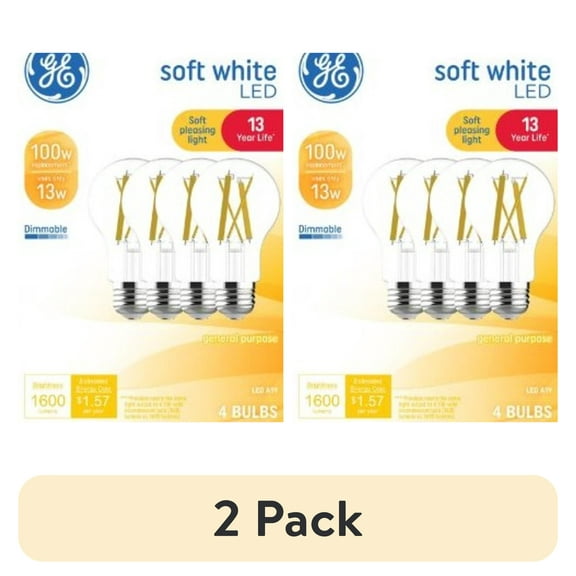 (2 pack) GE LED Light Bulbs, 100 Watt, Soft White, A19 Bulbs, Medium Base, Clear Finish, 13yr, 4pk