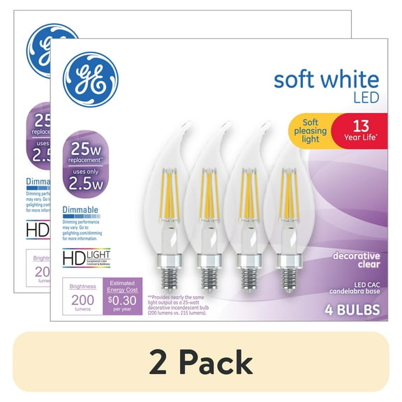 (2 pack) GE LED, Light Bulbs, 25 Watt, Soft White, CA11 Bulbs, Small Base, 13yr, 4pk